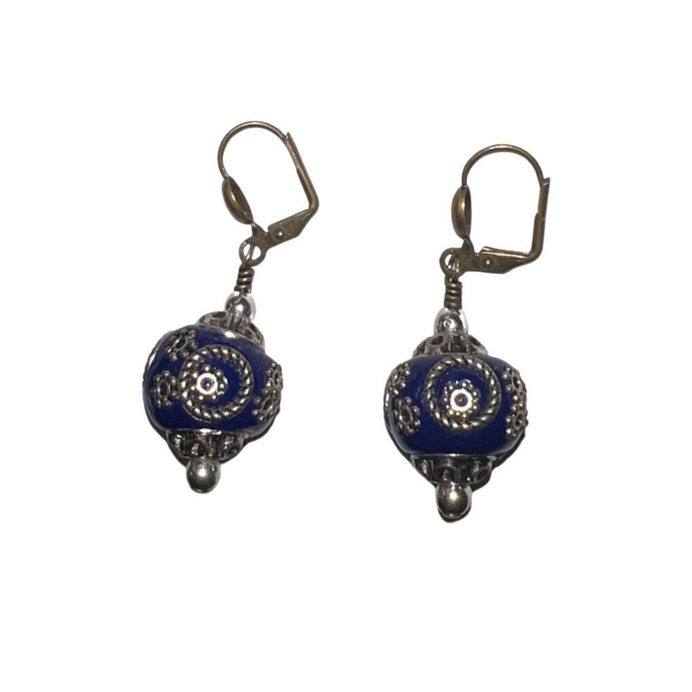 Vintage Mongolian Beads Bollywood Earrings Clip On Dangle Jewelry Blue Silver